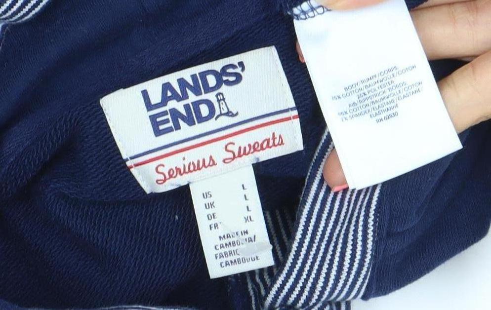 Lands' End Women Navy Henley Hoodie Sweatshirt Size L Cotton Blend