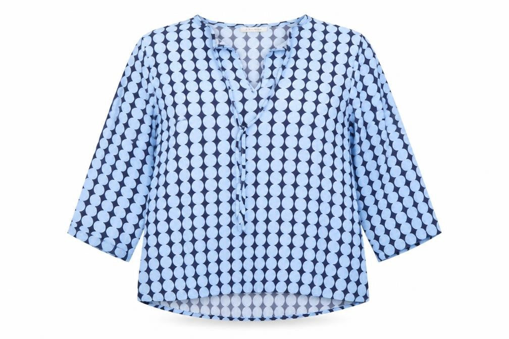 ETERNA Women's Blue Geometric 3/4 Sleeve V-Neck Tunic Blouse Size 10