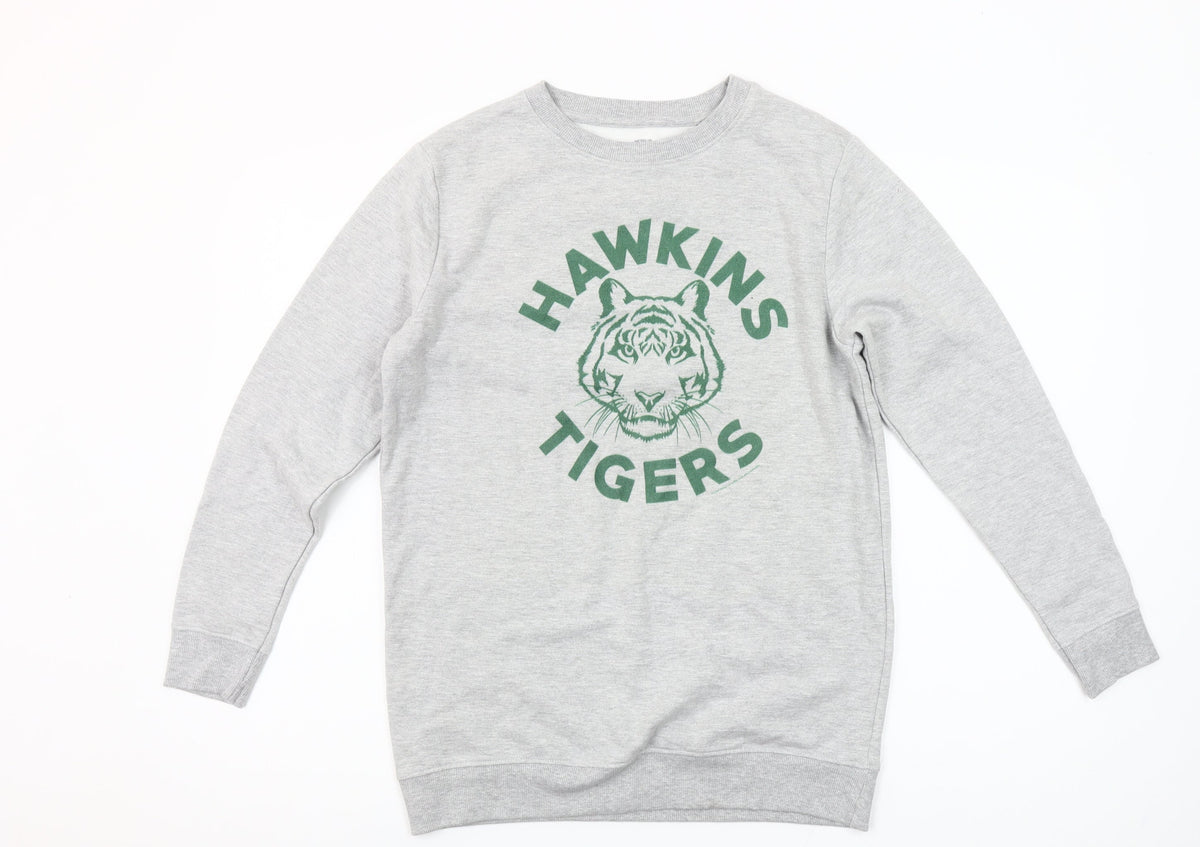 Additional front view of Stranger Things Hawkins Tigers Grey Sweatshirt girls’ 11-12 years pullover