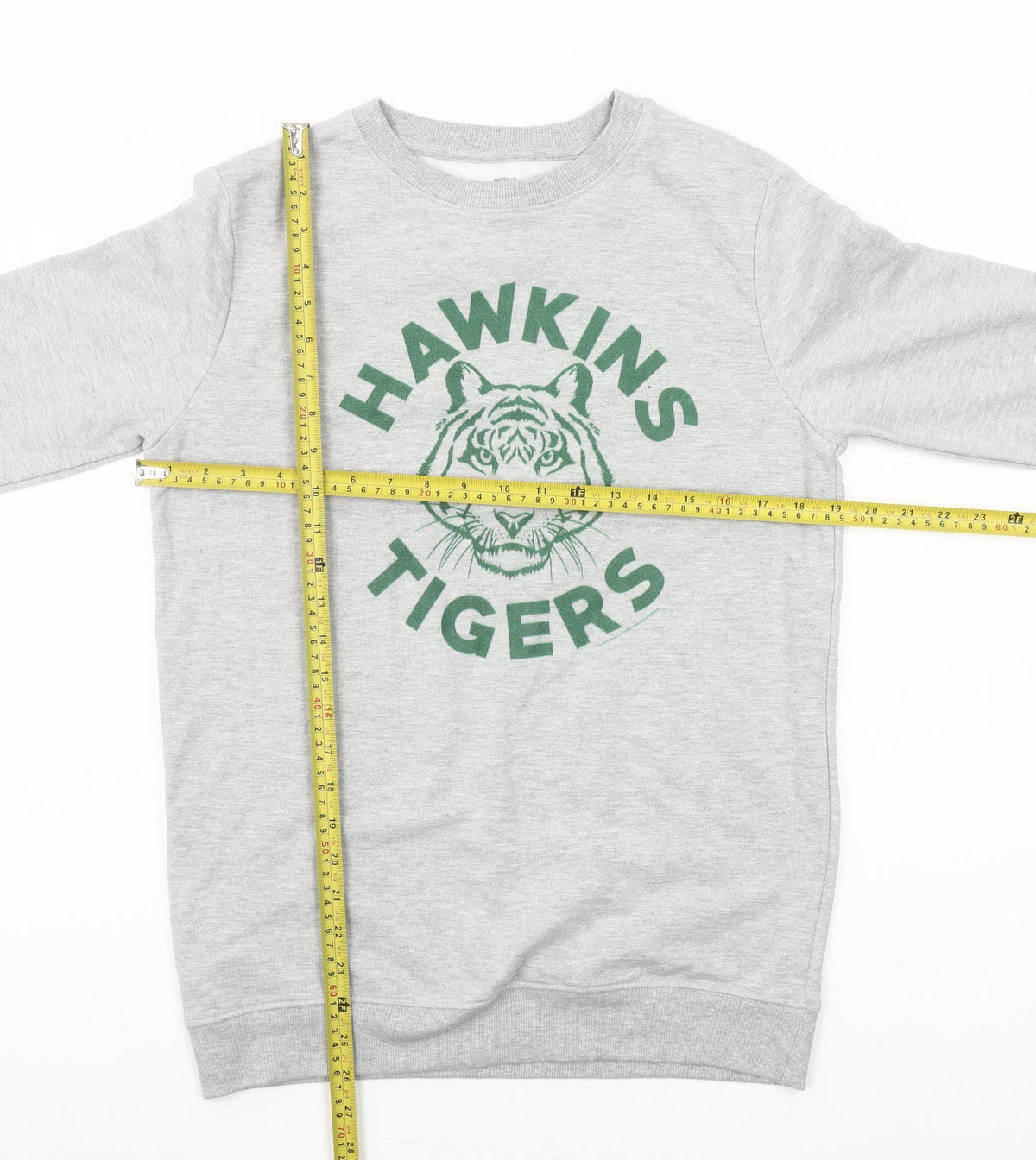 Back view of Stranger Things Hawkins Tigers Grey Sweatshirt girls’ 11-12 years pullover