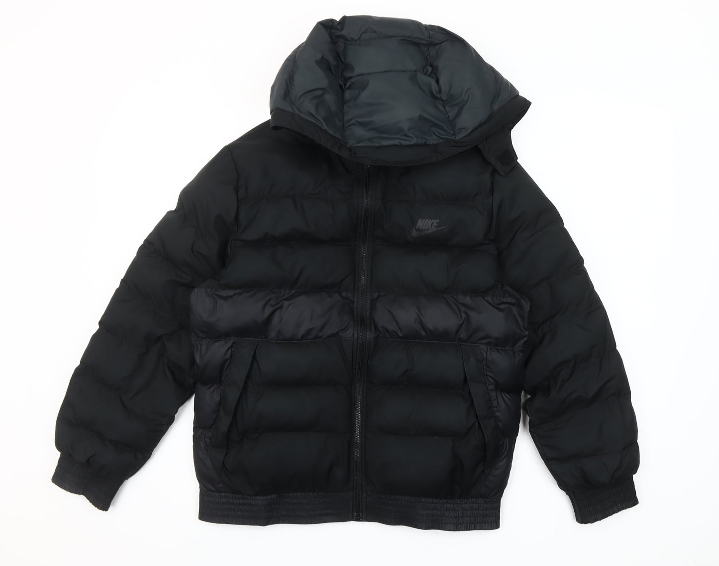 Nike Women Black L Puffer Jacket Hooded Polyester Winter Coat