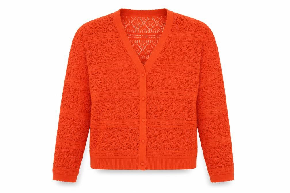 Front view of Gallery Women’s Orange V-Neck Knit Cardigan, size L