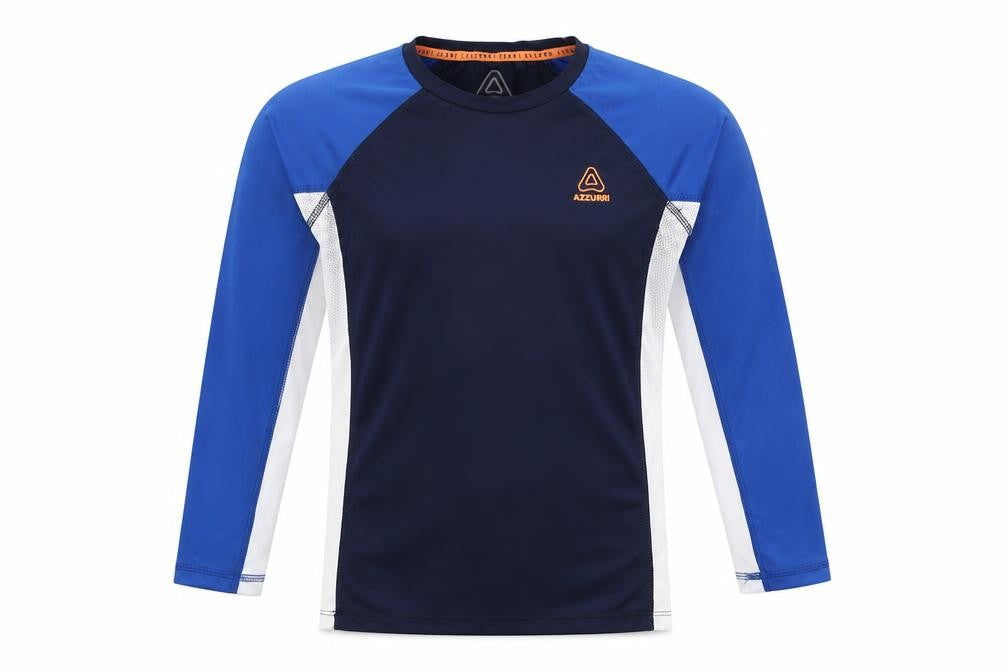 Front view of Azzurri boys’ blue 9-10 years long sleeve sports t-shirt