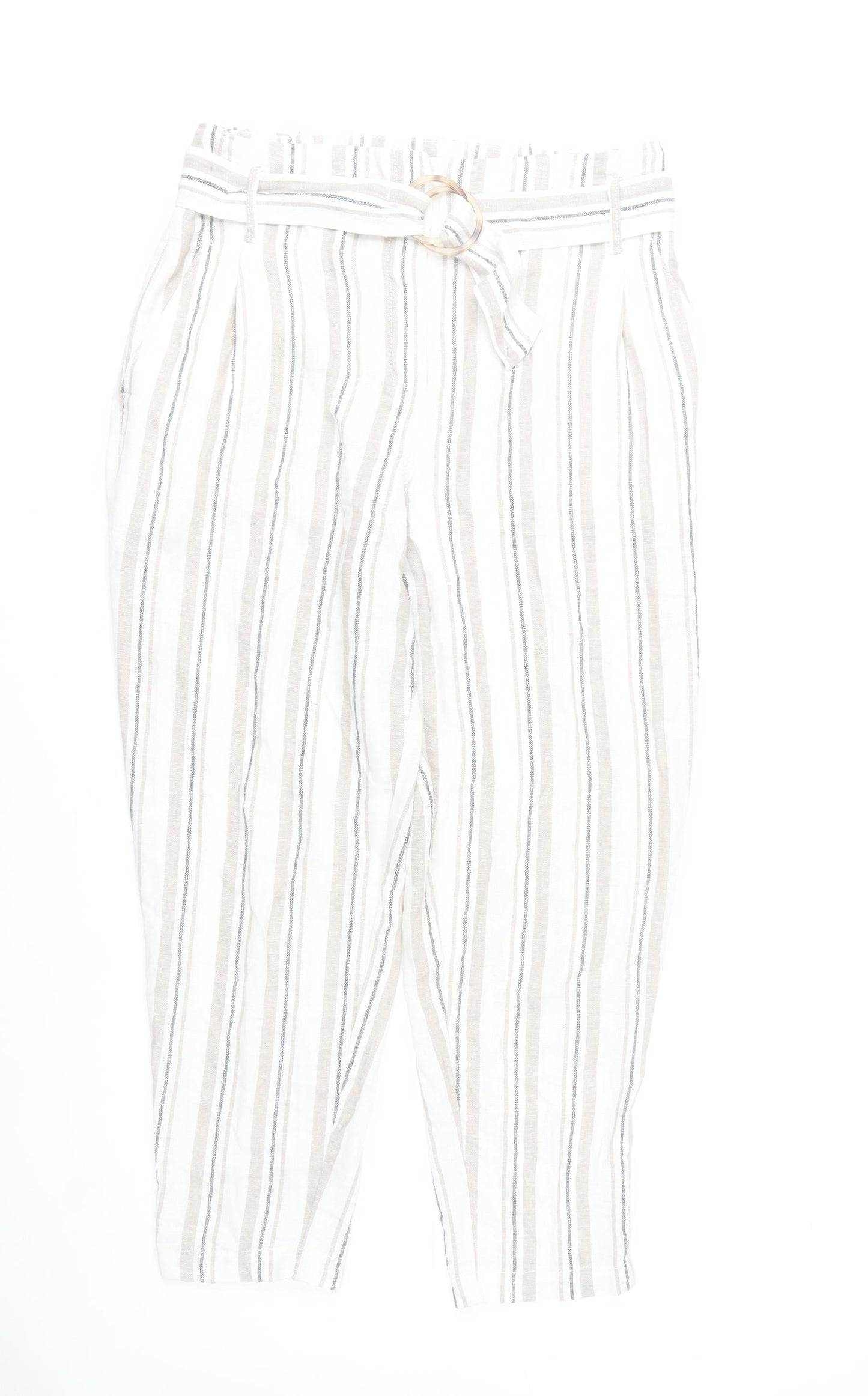 Marks and Spencer Womens Beige Striped Linen Paperbag Tapered Trousers Size 10