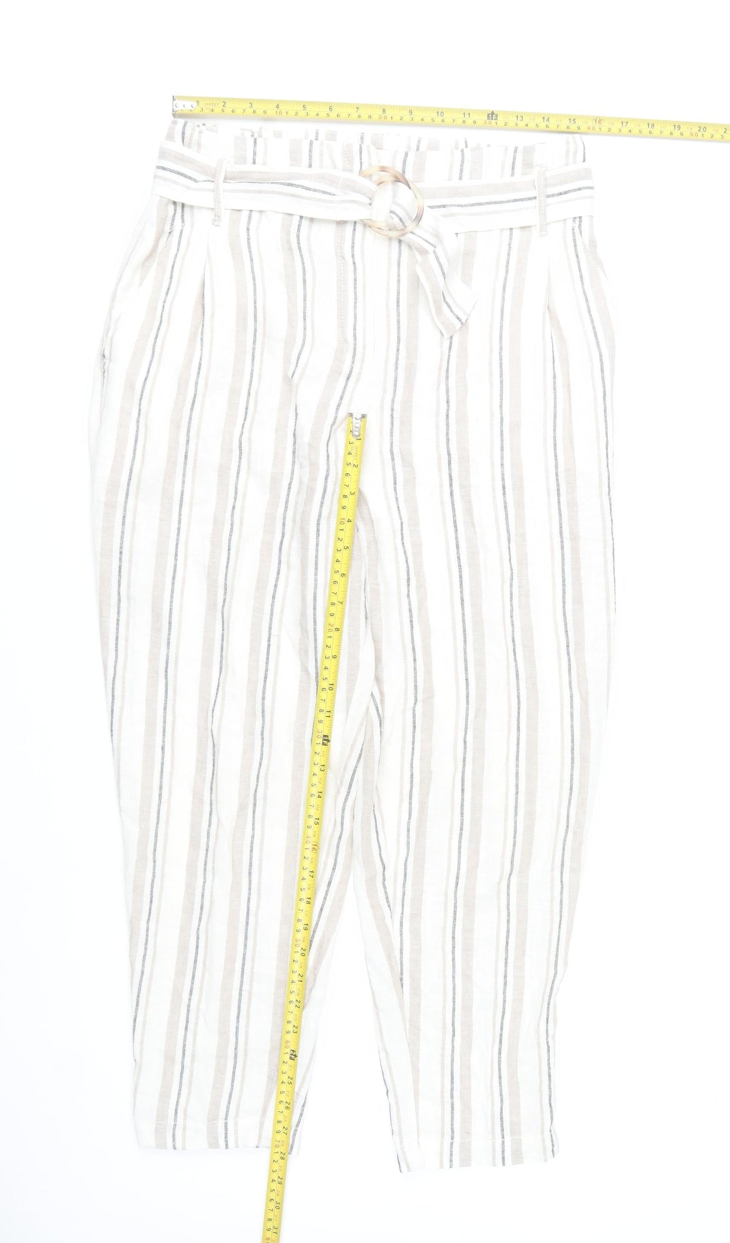 Marks and Spencer Womens Beige Striped Linen Paperbag Tapered Trousers Size 10