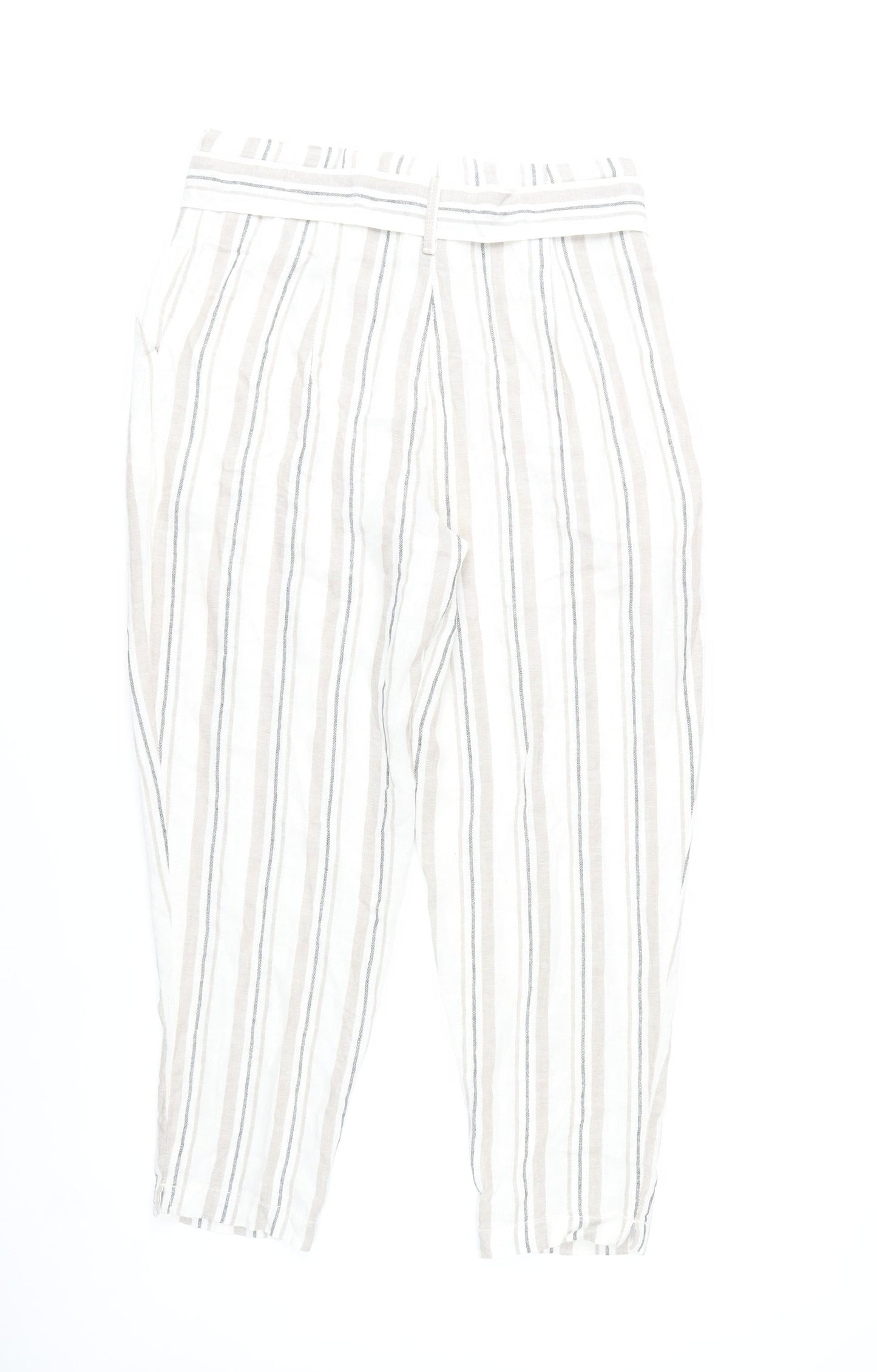 Marks and Spencer Womens Beige Striped Linen Paperbag Tapered Trousers Size 10