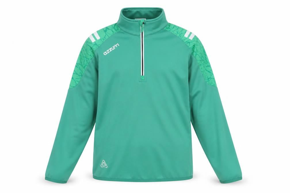 Front view of Azzurri boys’ green 10-11 years 1/4 zip sports sweatshirt
