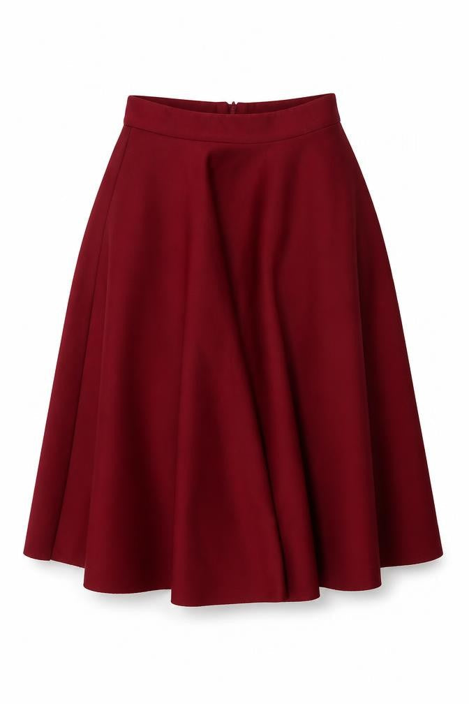 Front view of ASOS Women's Red A-Line Midi Skirt, size 4, High Waist Stretch
