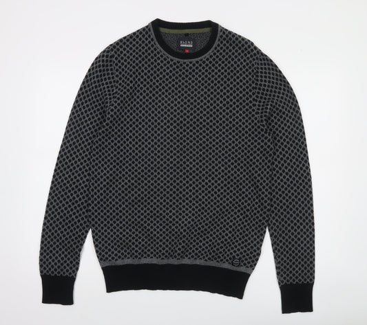 Blend Men's Grey Geometric Knit Cotton Pullover Jumper Size M