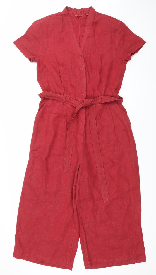 Seasalt Cornwall Women's Red Linen Jumpsuit Size 12 Belted Short Sleeve