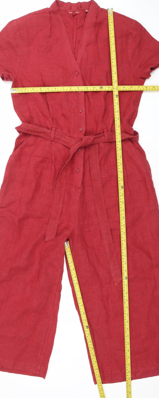 Seasalt Cornwall Women's Red Linen Jumpsuit Size 12 Belted Short Sleeve