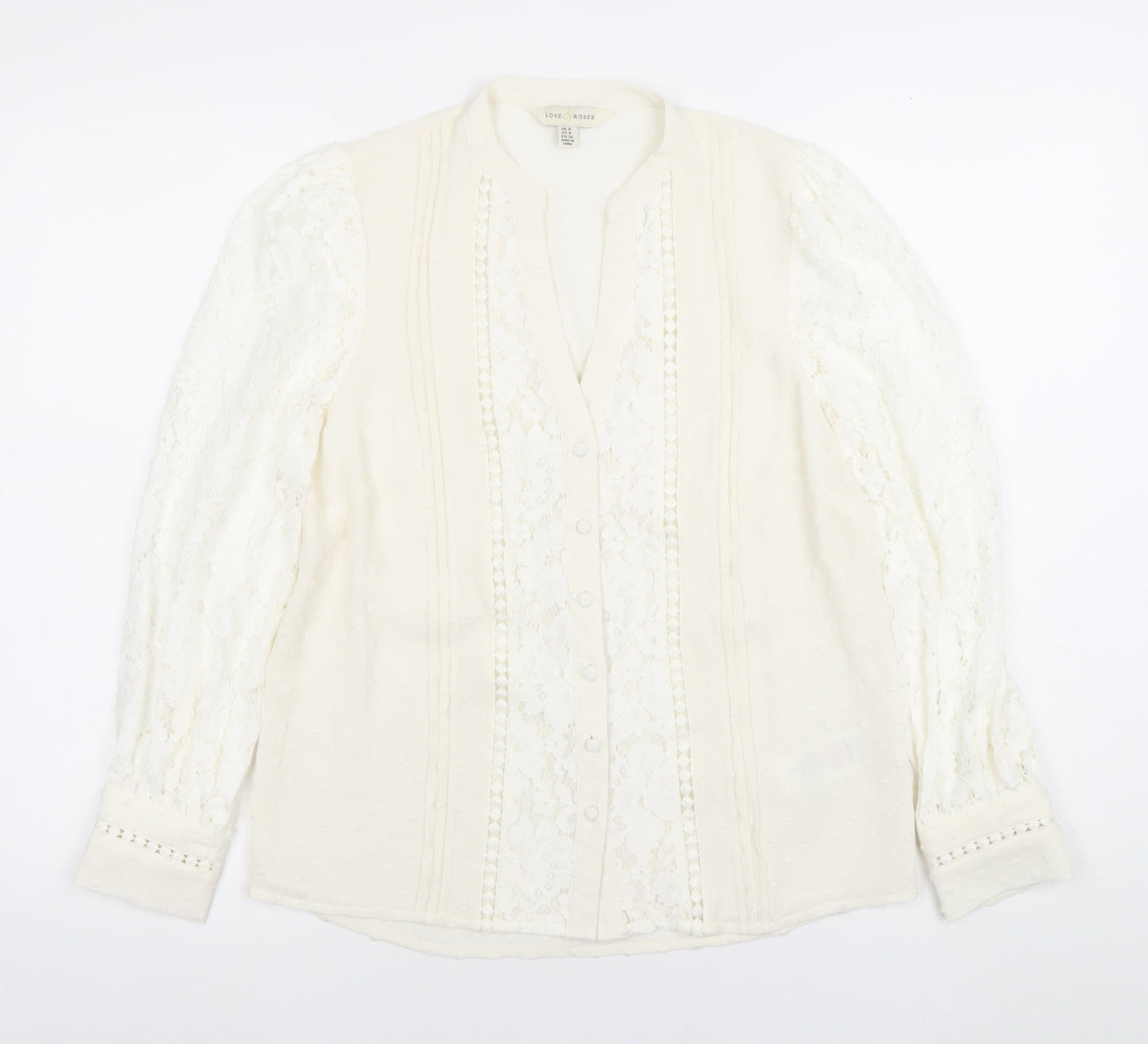 Love & Roses Women's Ivory Lace Long Sleeve V-Neck Blouse UK 8
