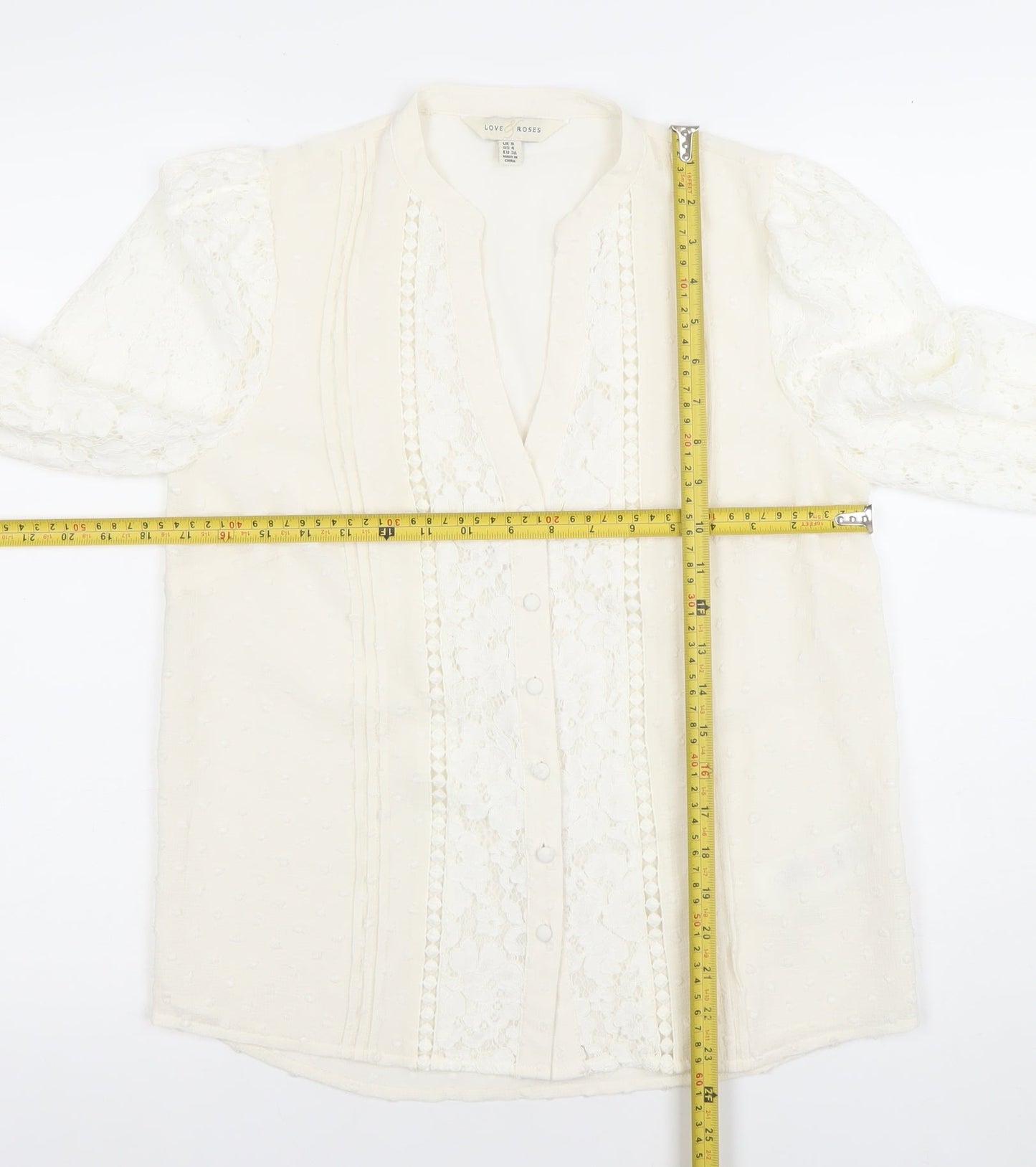 Love & Roses Women's Ivory Lace Long Sleeve V-Neck Blouse UK 8