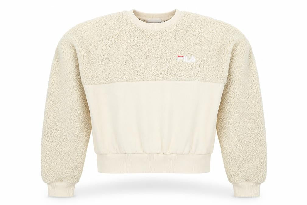 Front view of Fila women’s beige xs pullover sherpa fleece sweatshirt