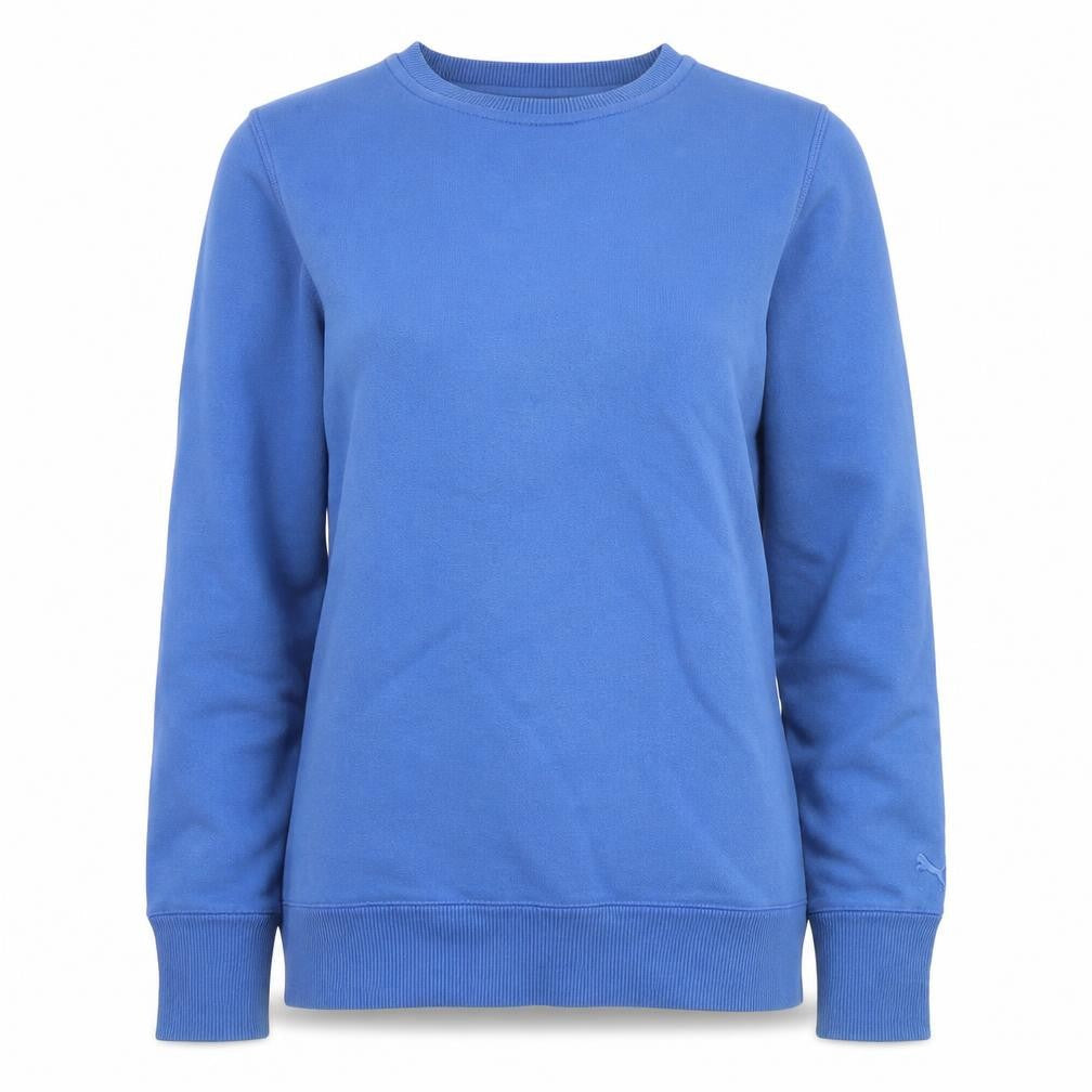 Front view of Puma women’s blue cotton blend crew neck pullover sweatshirt, size UK 12