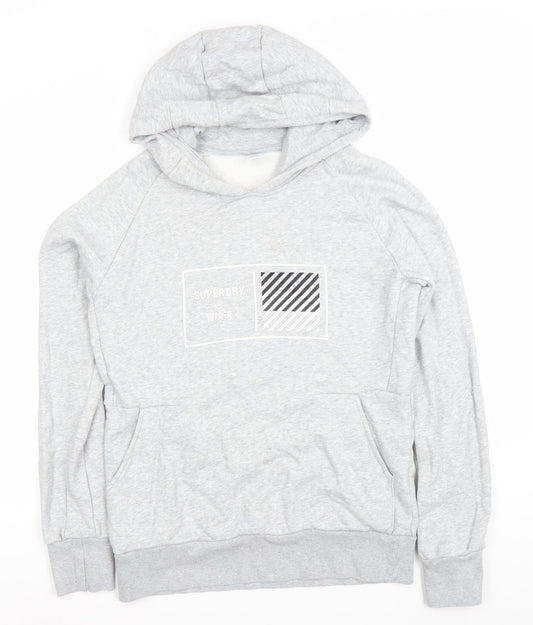 Superdry Men's Grey Pullover Hoodie Large Logo Fleece Sweatshirt