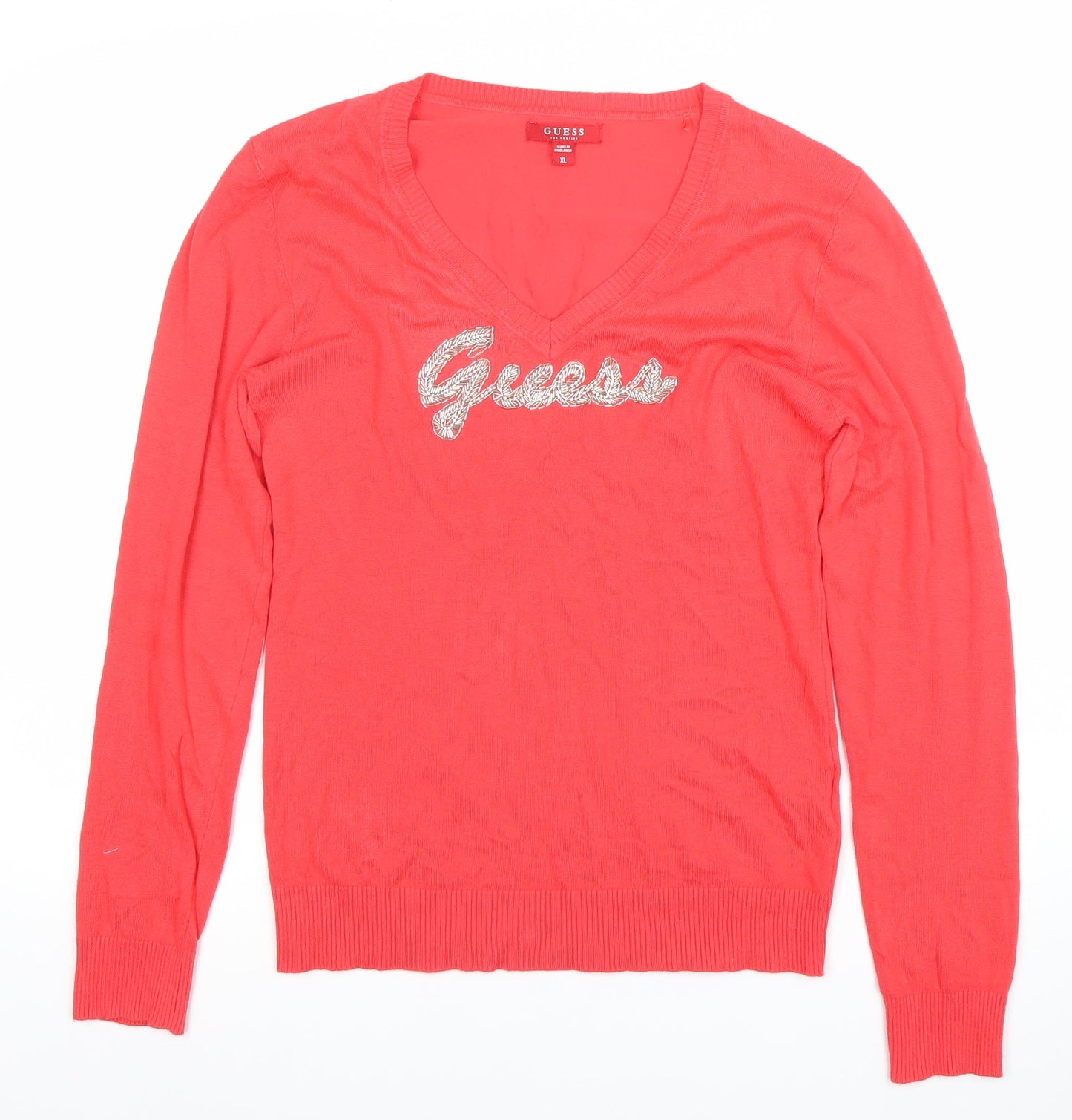 Guess Womens Red V-Neck Logo Pullover Jumper XL