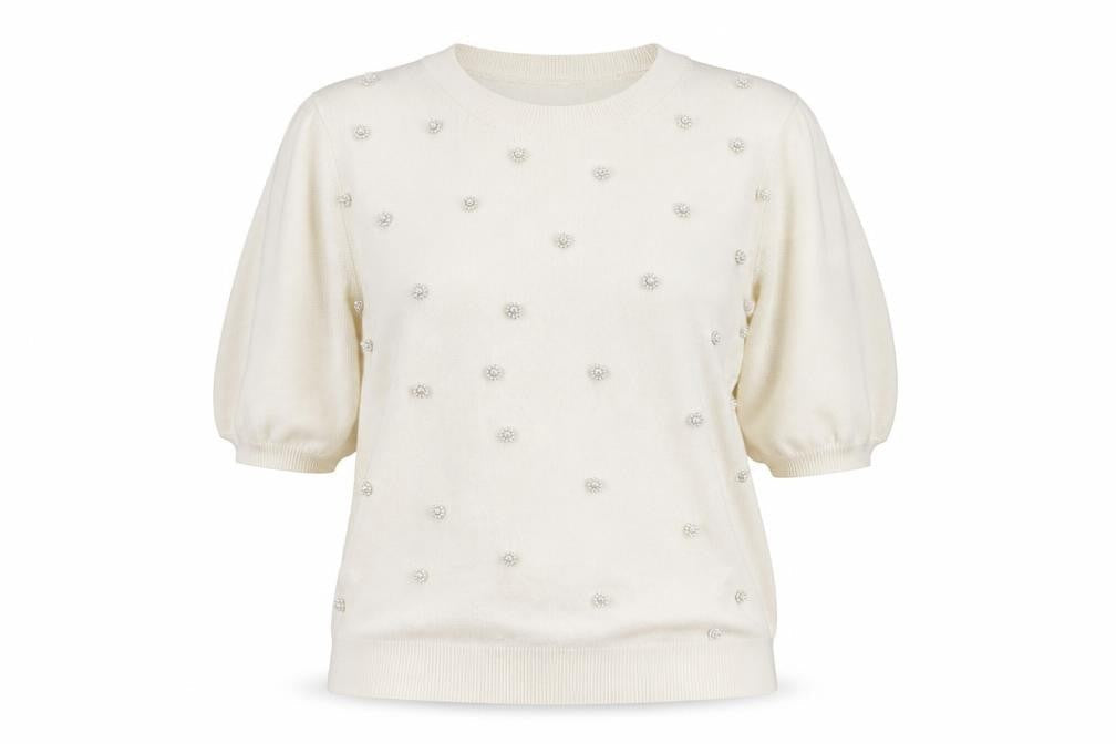 Savida Women’s Ivory Beaded Short Sleeve Knit Top Size 12
