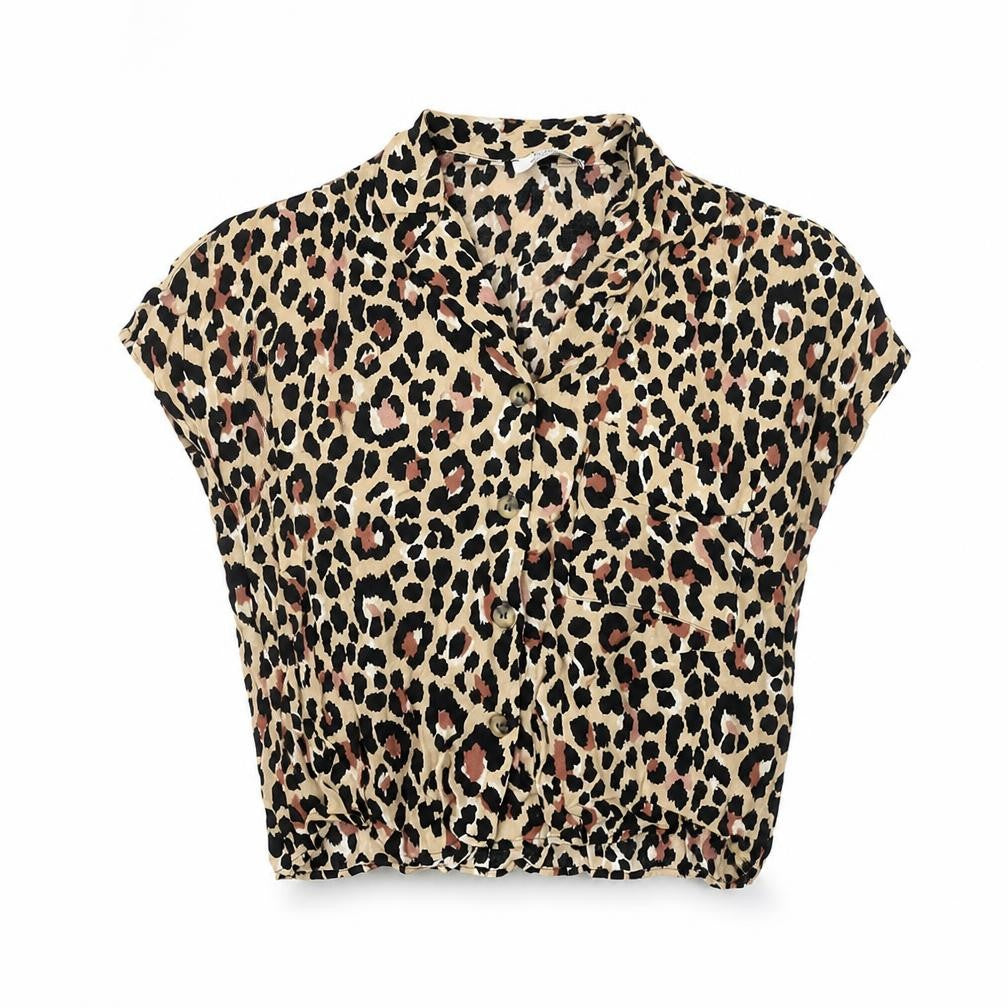 Bershka Womens Beige Leopard Print Cropped Blouse XS