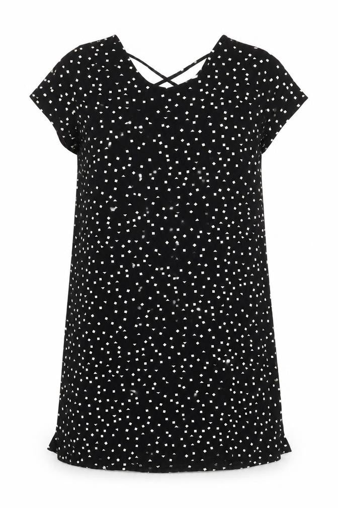 Front view of Only Women’s Black Geometric Shift Dress, size M, Short Sleeve Casual
