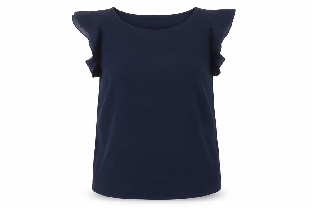 Front view of Dunnes women’s navy blue sleeveless ruffle blouse, size S