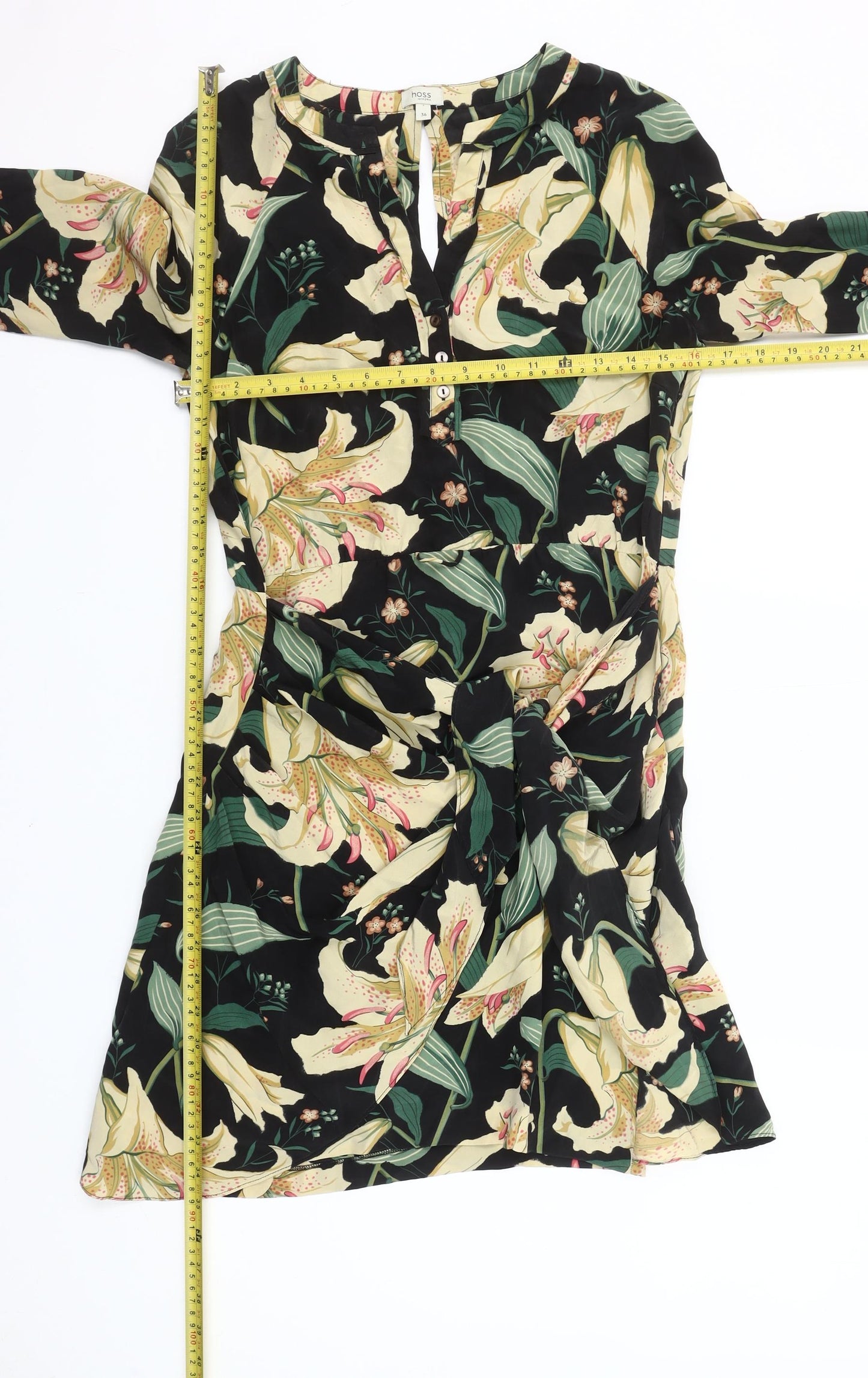 Hoss Intropia Women's Black Silk Floral Knee Length Shift Dress Size 8