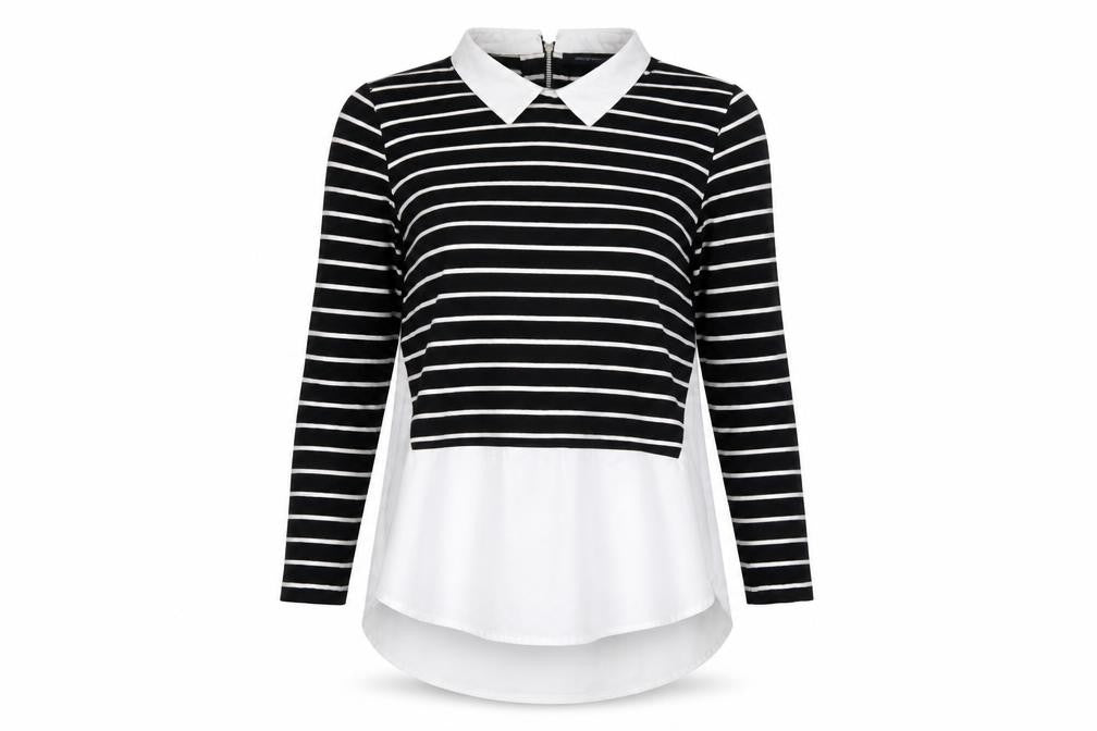 Front view of French Connection Women’s Black Striped Collared Blouse, size S