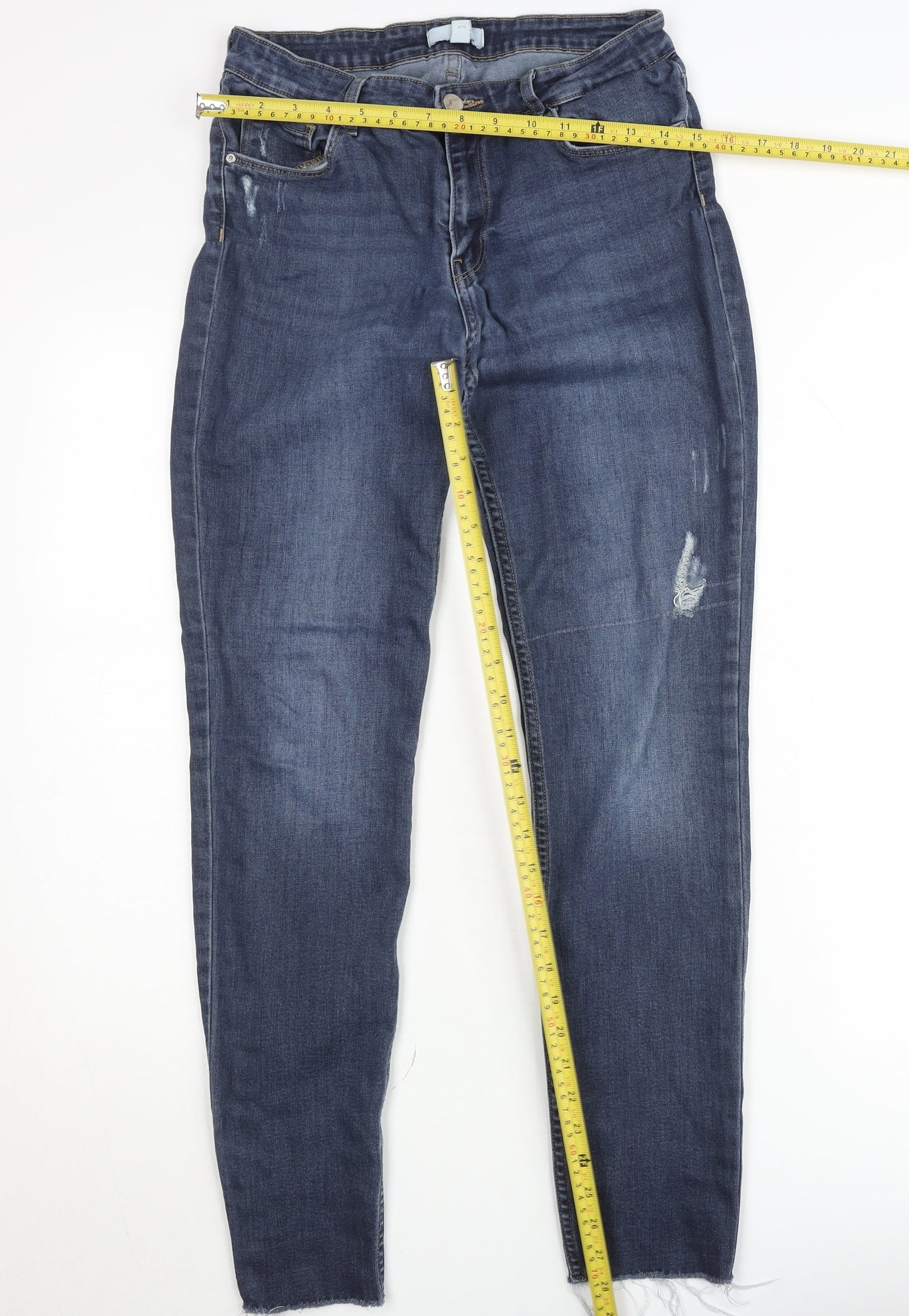 H&M Women Blue Distressed Skinny Jeans UK 12 High Rise Denim