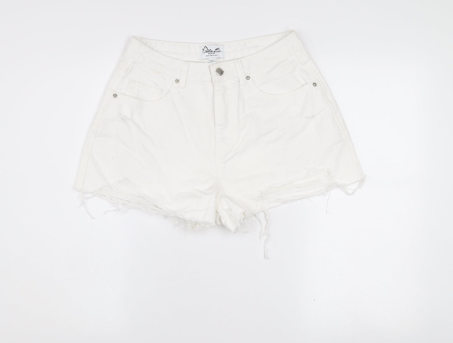 Miss Selfridge Women White Denim Cut-Off Shorts Size 12 High Rise Casual