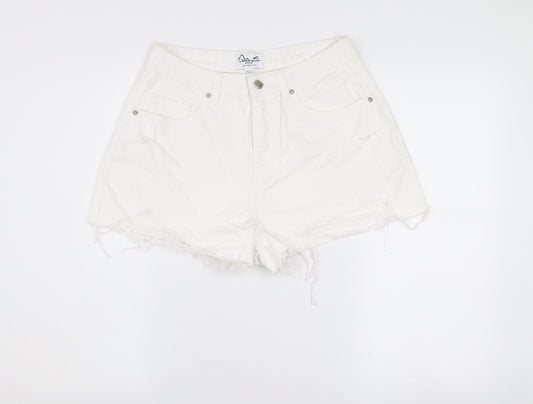 Miss Selfridge Women White Denim Cut-Off Shorts Size 12 High Rise Casual