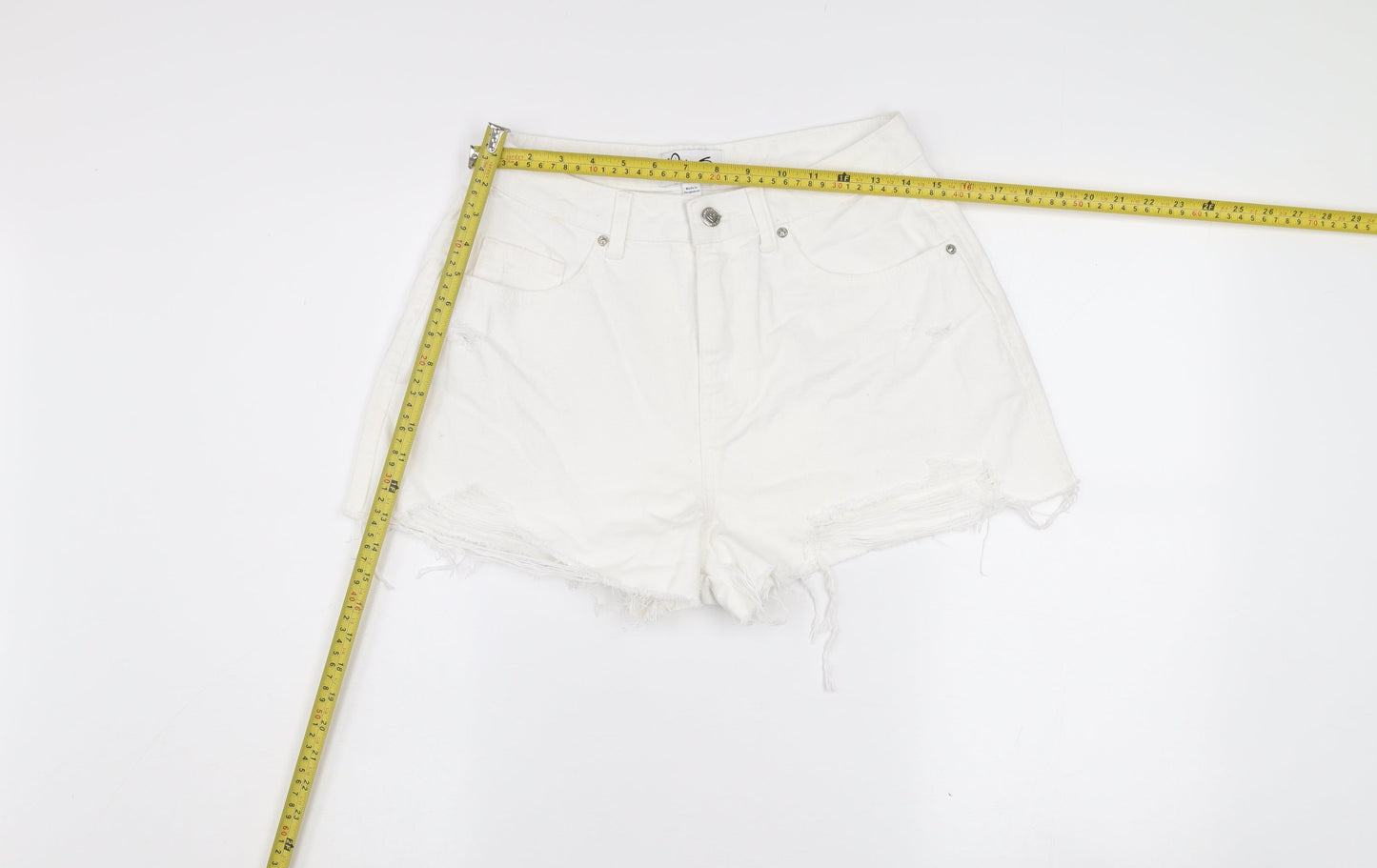 Miss Selfridge Women White Denim Cut-Off Shorts Size 12 High Rise Casual