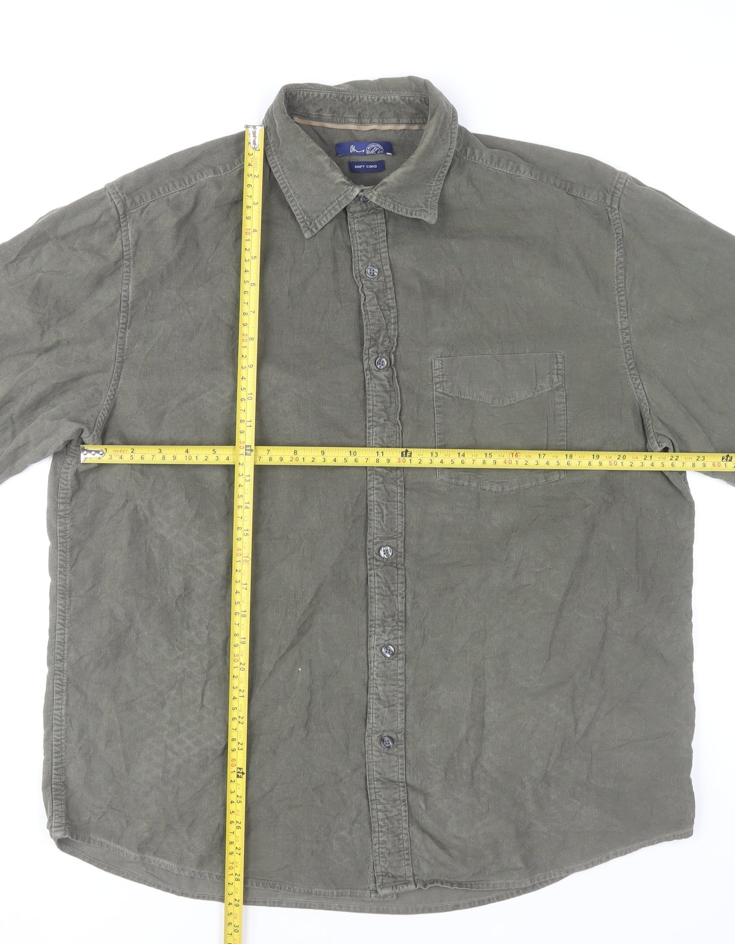 BHS Men's Green Cotton Long Sleeve Button-Up Casual Shirt L
