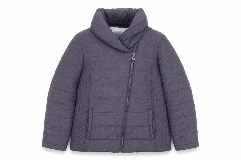Front view of John Rocha women’s purple puffer jacket, size UK 12, winter zip coat