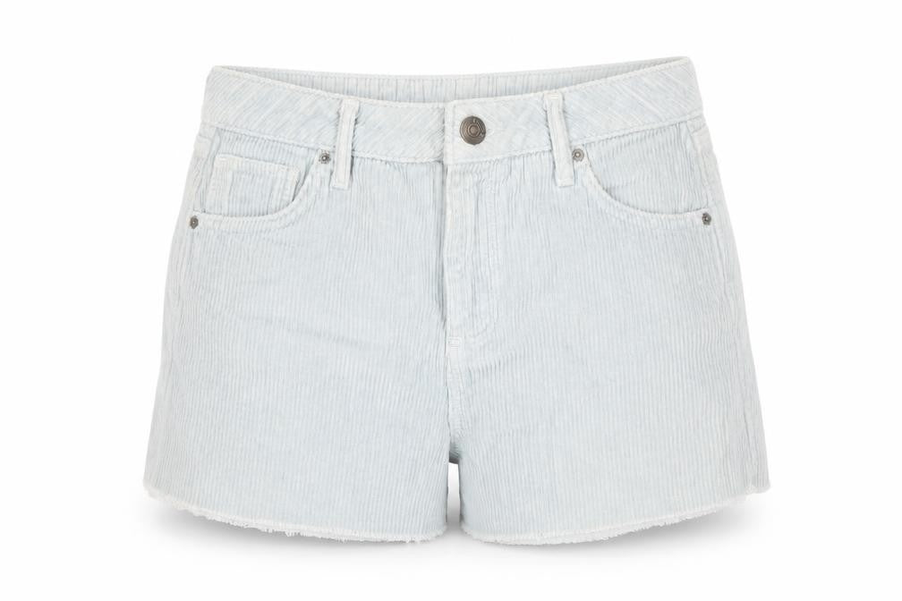 Front view of BDG Women Blue High Rise Cut-Off Corduroy Shorts, size 10