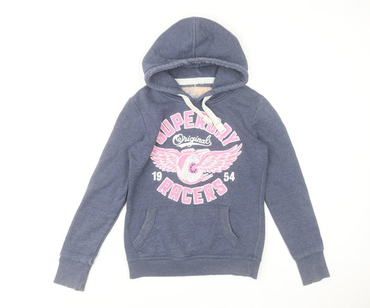 Superdry Womens Blue Pullover Hoodie XS with Pink Graphic Print
