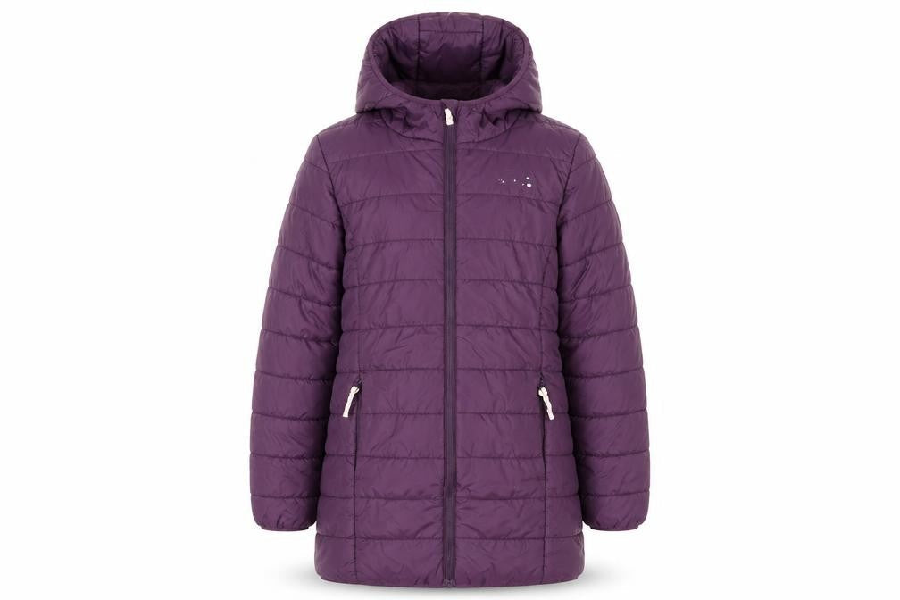 Front view of Peter Storm girls’ purple hooded puffer jacket 11-12 years lined mid-length
