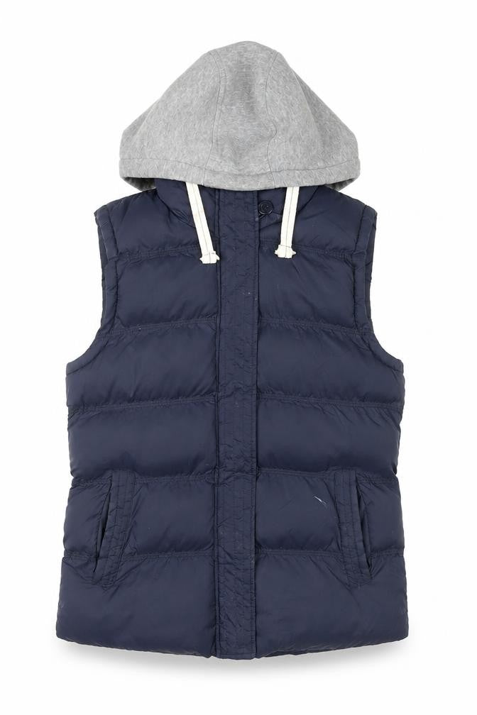 Front view of Dunnes boys’ blue hooded puffer gilet, size 12, years nylon padded vest