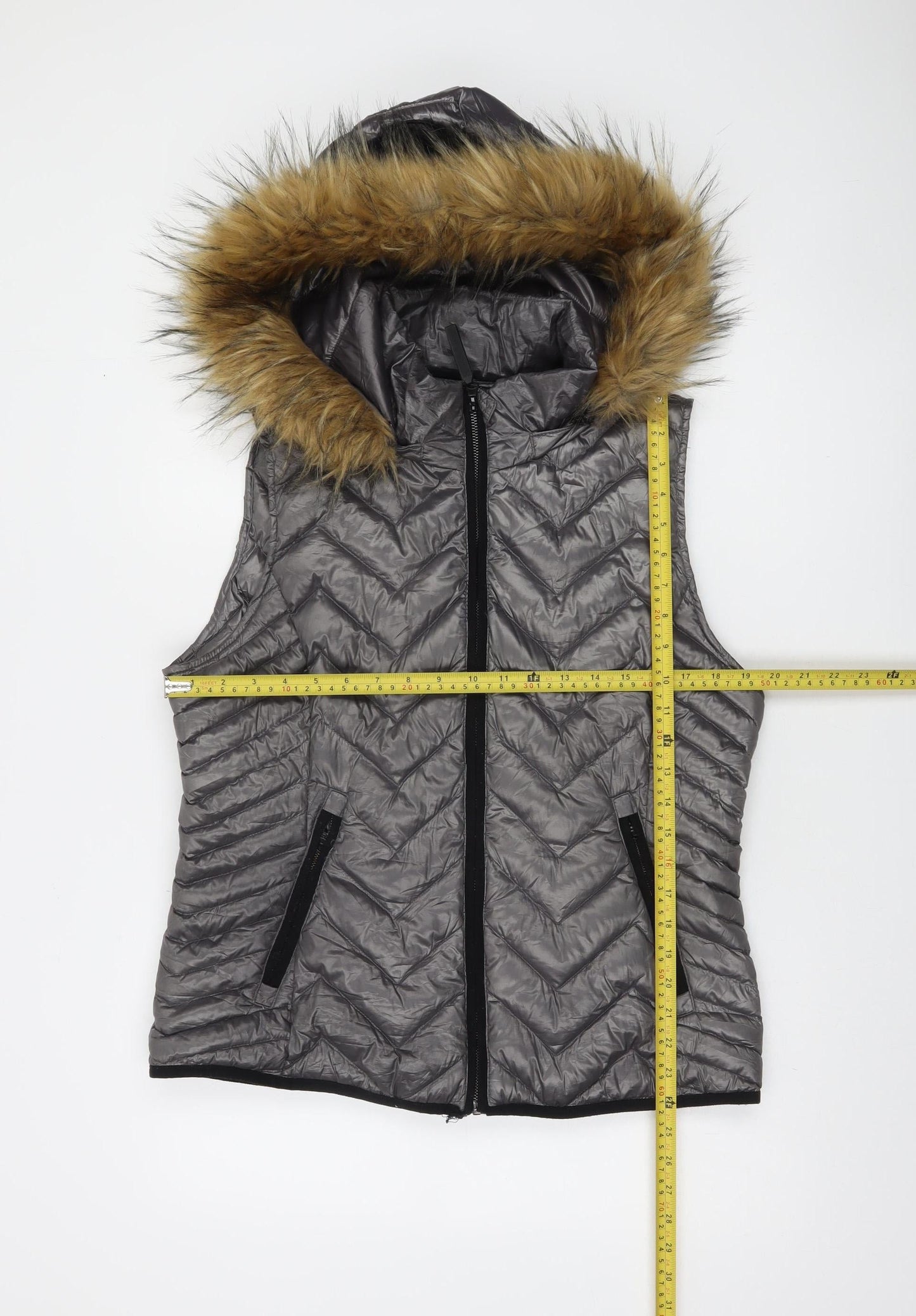 Calvin Klein Performance Women's Grey Fur Hooded Quilted Down Waistcoat Size L