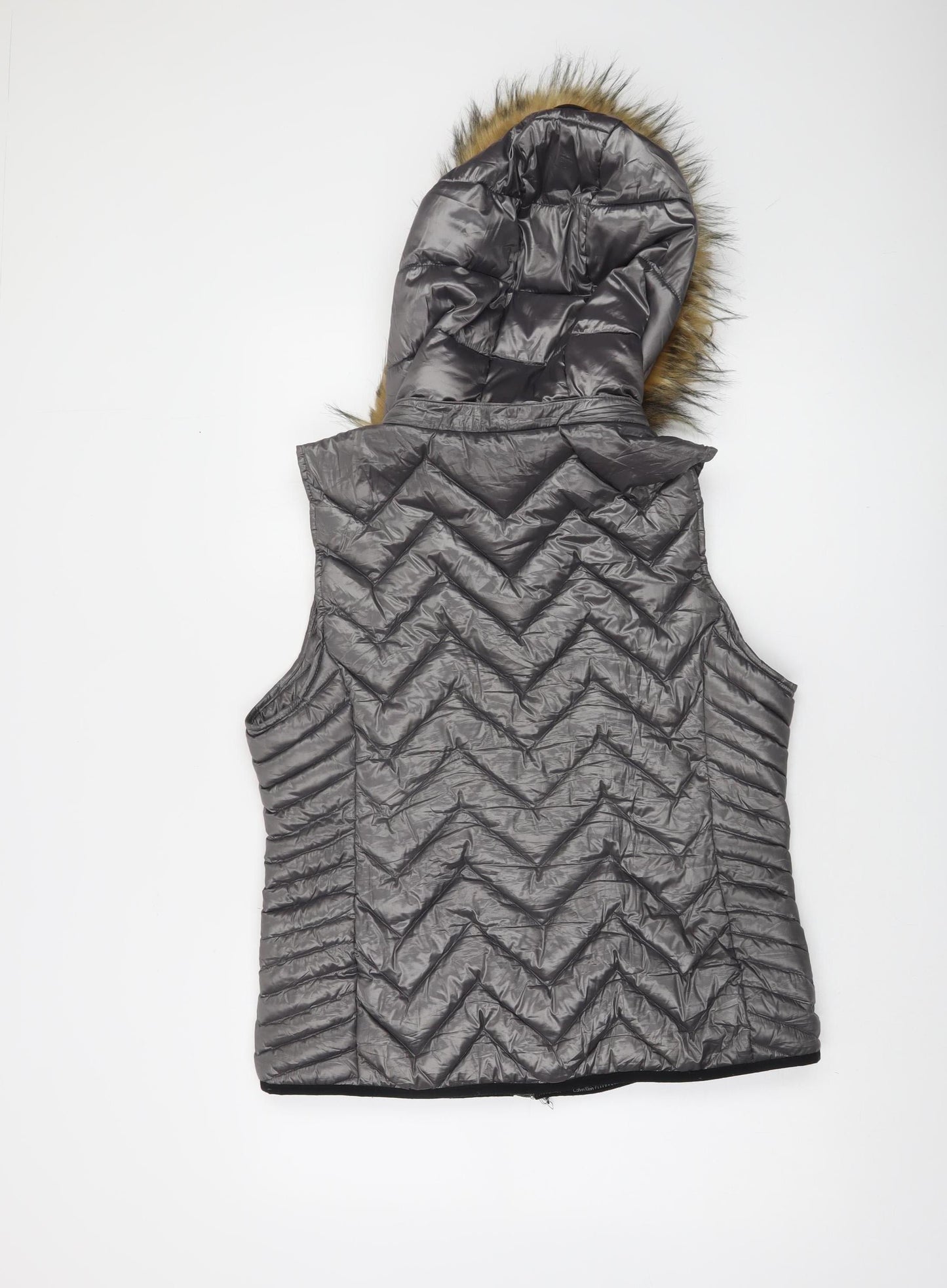 Calvin Klein Performance Women's Grey Fur Hooded Quilted Down Waistcoat Size L