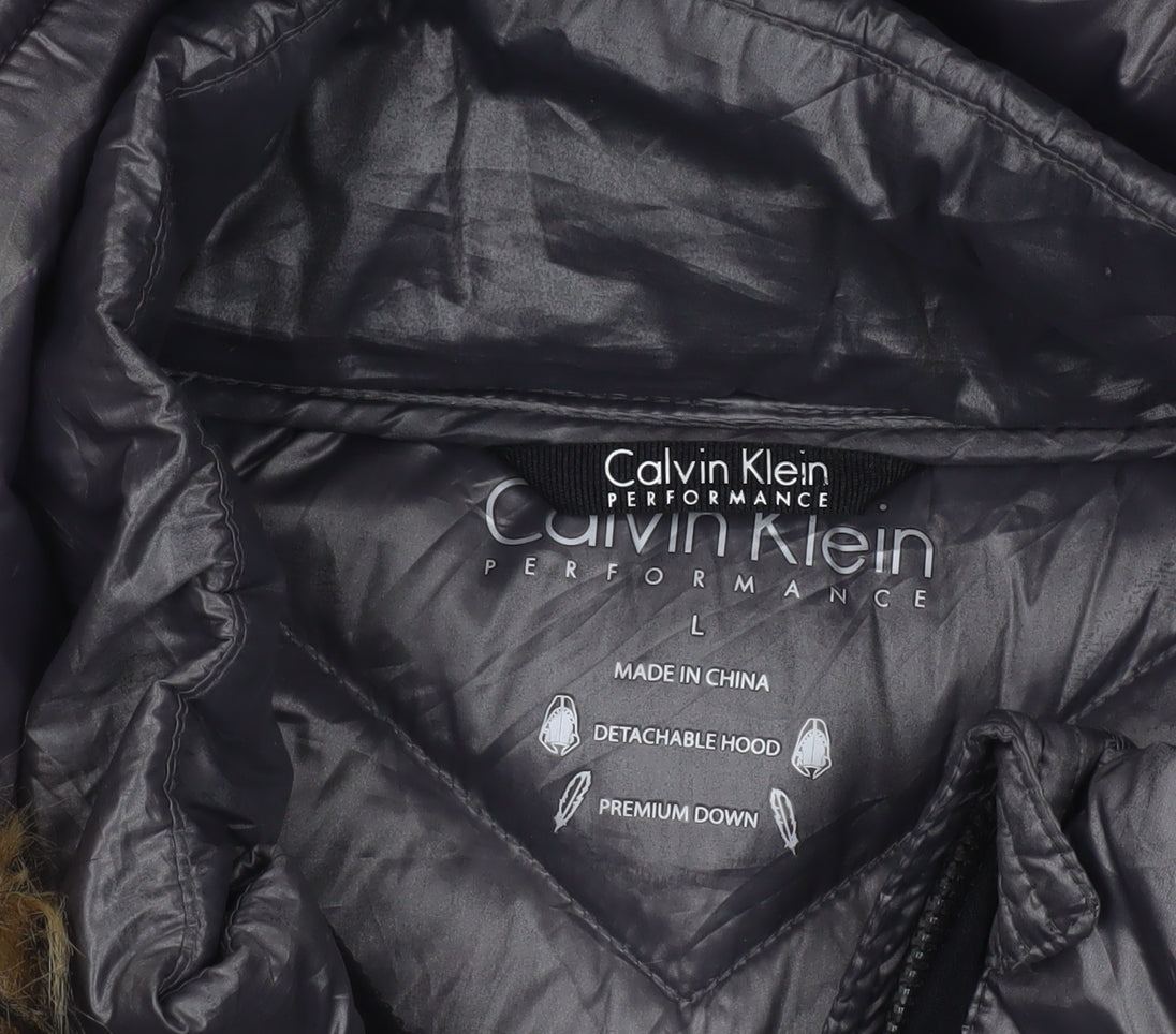Calvin Klein Performance Women's Grey Fur Hooded Quilted Down Waistcoat Size L