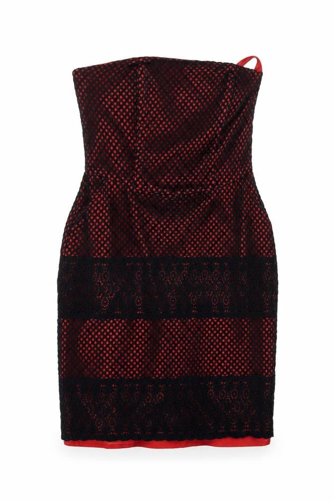 Papaya Women’s Red Black Lace Strapless Bodycon Dress Size 14