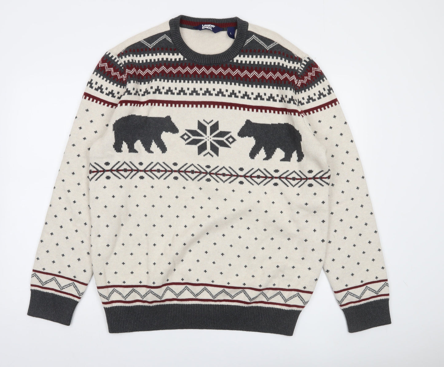 Lands' End Men's Beige Cotton Fair Isle Bear Jumper Size L