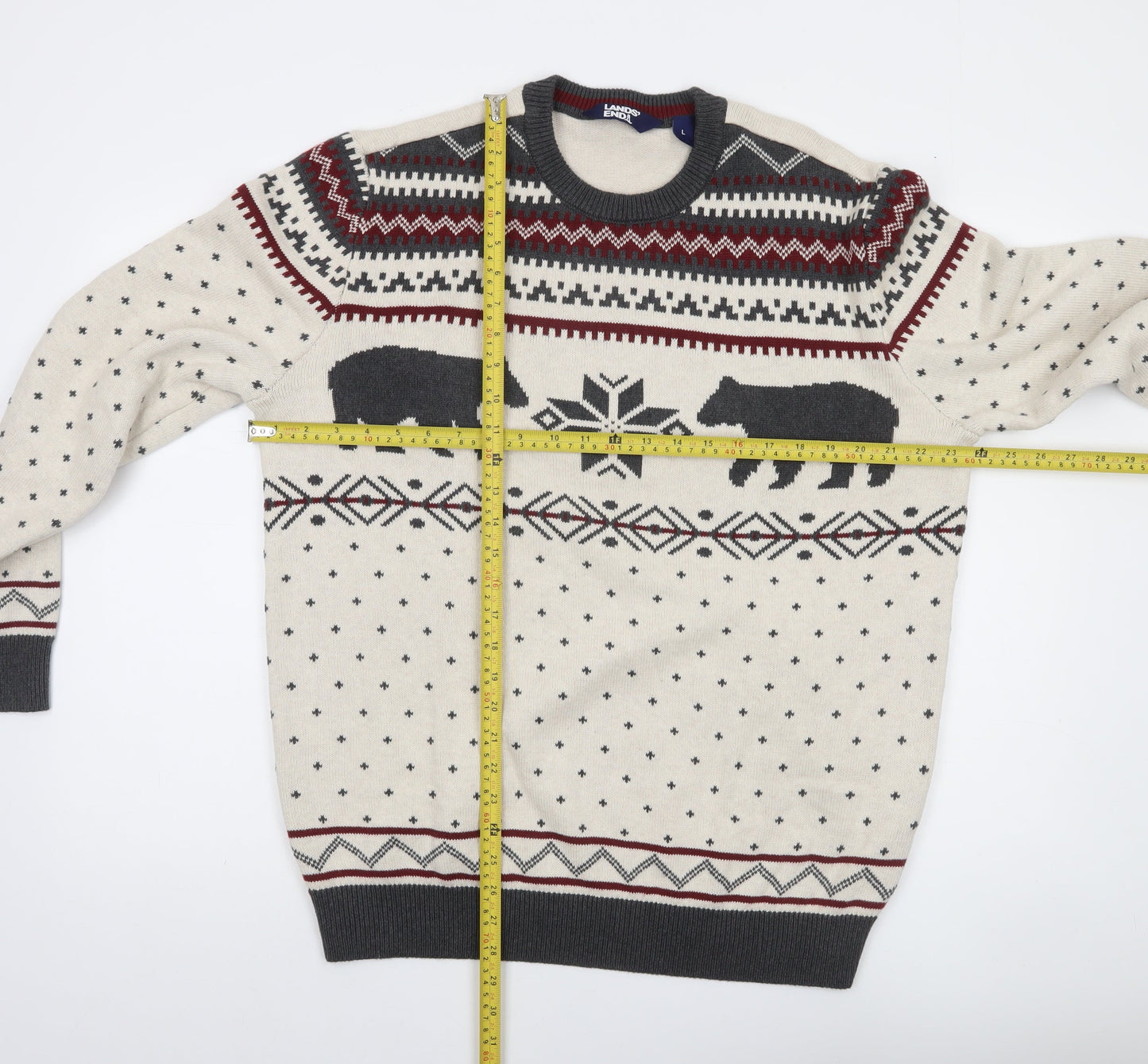 Lands' End Men's Beige Cotton Fair Isle Bear Jumper Size L