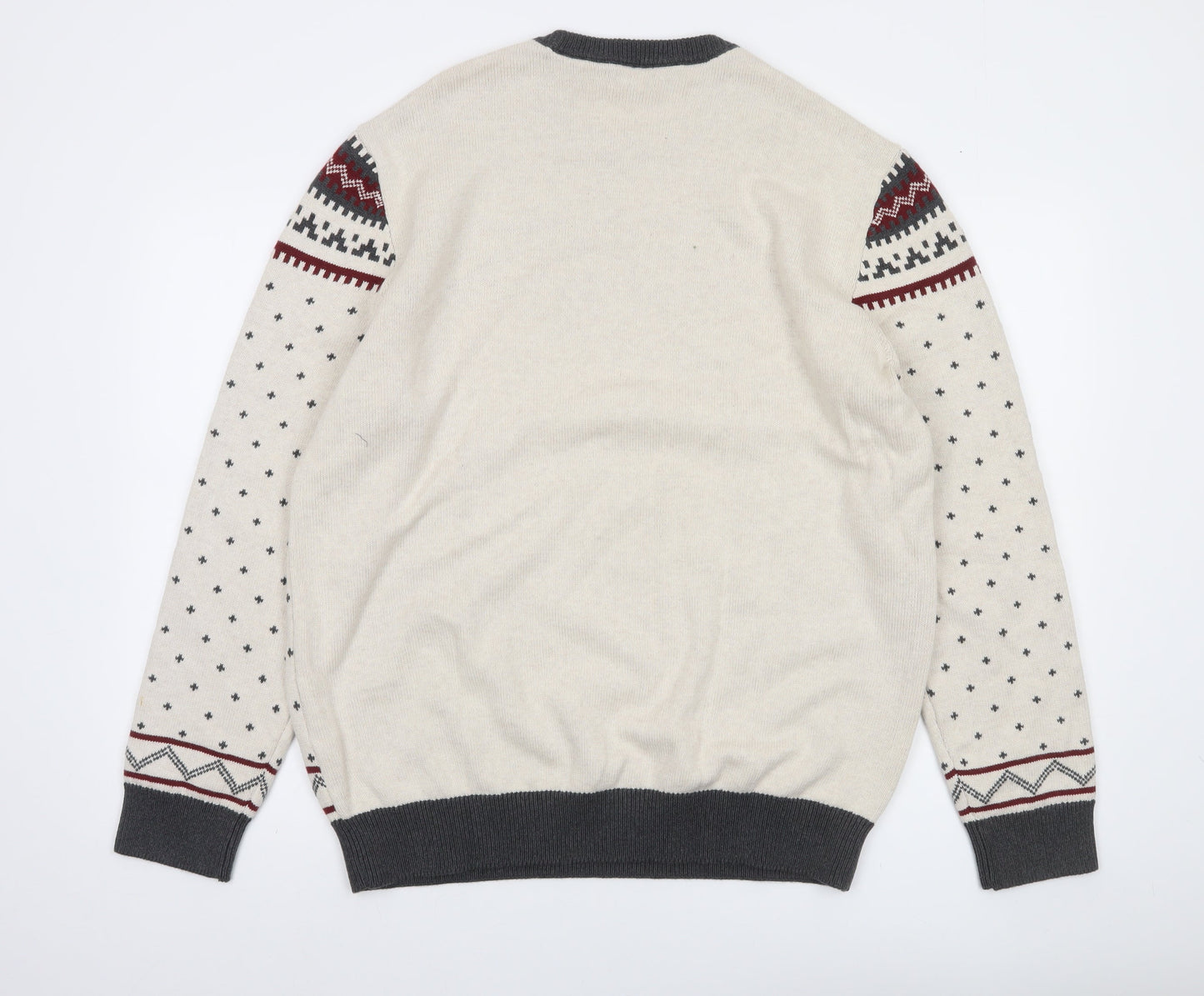 Lands' End Men's Beige Cotton Fair Isle Bear Jumper Size L