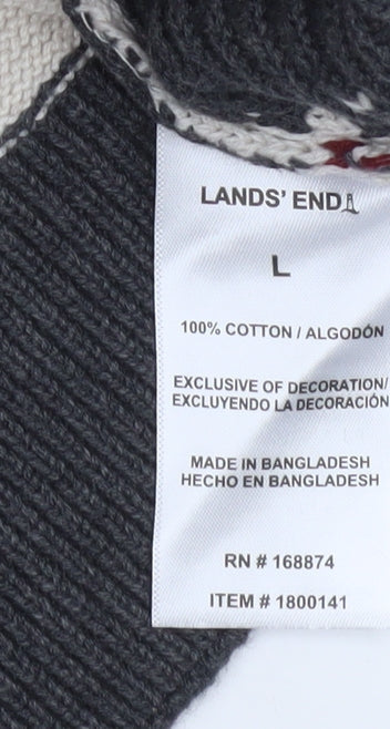 Lands' End Men's Beige Cotton Fair Isle Bear Jumper Size L