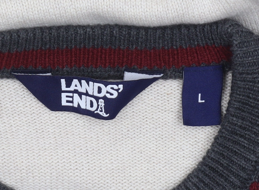 Lands' End Men's Beige Cotton Fair Isle Bear Jumper Size L
