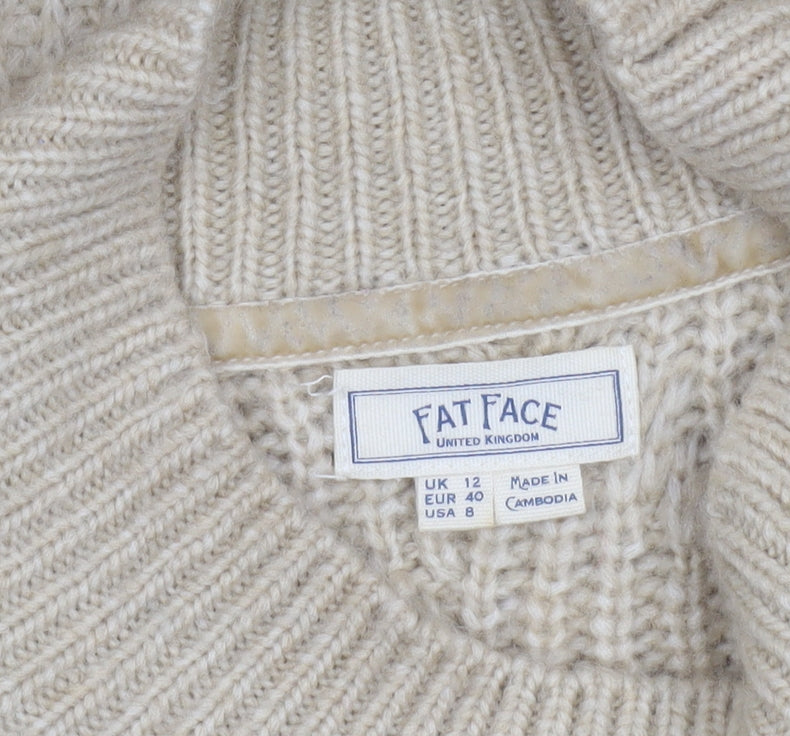 Fat Face Women’s Beige Cable-Knit Mock Neck Wool Blend Jumper Size 12