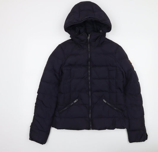 Superdry Womens Blue Puffer Jacket Size 10 Hooded Down Luxe