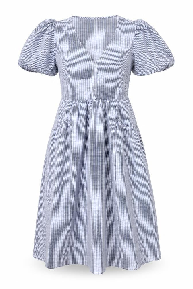 Saviola Women Blue Check A-Line Puff Sleeve Ruched Cotton Dress Size 10