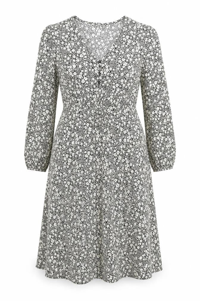 Front view of Dunnes Women’s Black Floral Bodycon Dress, size UK 12, V-Neck Long Sleeve